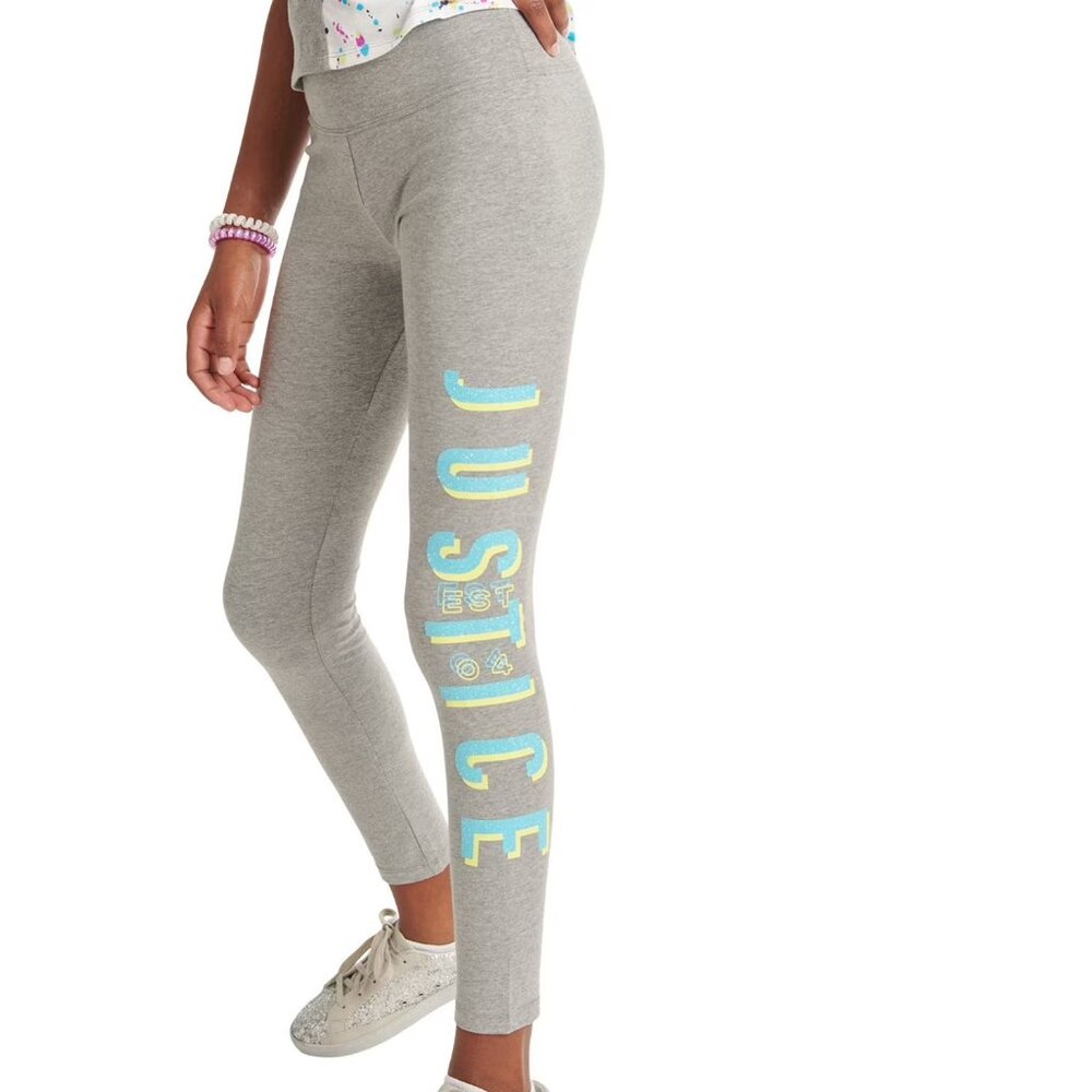 NWT Justice Girls Gray Glitter Graphic Logo Leggings Size M 10